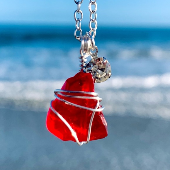 Hand Crafted Jewelry - Red Seaglass Rhinestone Necklace